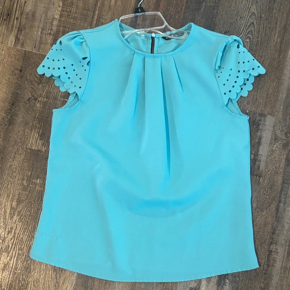 SHEIN Aqua Eyelet Cap Sleeve Pleated Top